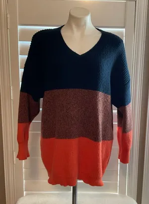SHEIN Colorblock V-Neck Sweater in Navy, Brown & Orange thumbnail 1