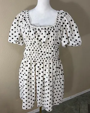 Bohme Polka Dot Black & Ivory Mini SunDress SZ- M NWT Beachy Cottagecore Peasant thumbnail 1