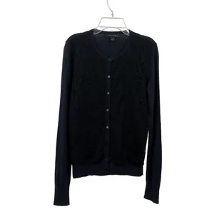 Ann Taylor Cardigan Sweater Womens S Used Navy with Black Lace Front thumbnail 13