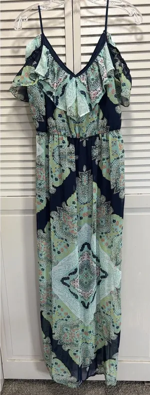 Lily Rose Paisley Chiffon Cold Shoulder Maxi Dress NWT Sz M Lined Ruffle thumbnail 1