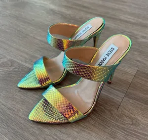 New Steve Madden Iridescent Multi-Color Snake-Embossed High Heel Mules, Size 6 thumbnail 1