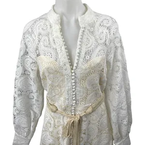 NEW L'atiste White Paisley Lace Long Sleeve Belted Midi A-Line Shirt Dress Sz M thumbnail 4