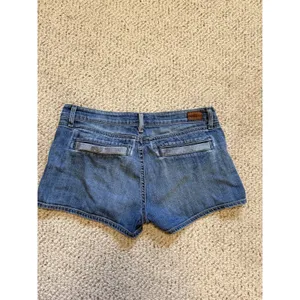 Mini‎ Denim Shorts Womens 27 Blue Floral Patch Pocket Low Rise Stretch Y2K Paige thumbnail 3