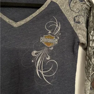 Harley-Davidson Rhinestone Logo Raglan Top Small Gray Blue Biker Tee thumbnail 6
