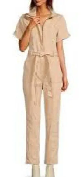 Skies Are Blue Short-Sleeve Beige Utility Jumpsuit thumbnail 1