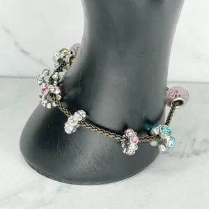 Gold Tone Floral Rhinestone Barrel Charm Beaded Bracelet thumbnail 3