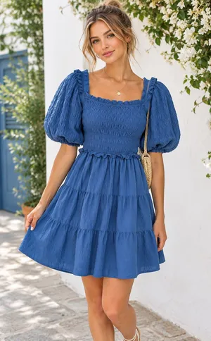AUREUM Mini Fit And Flare Smocked Blue Dress Size Small thumbnail 1