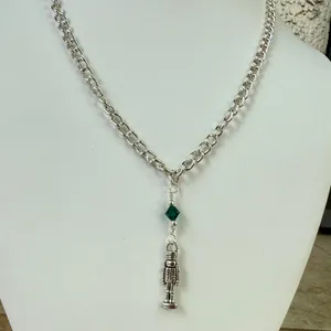 Hand Crafted Antique Silver Toy Soldier with Green Crystal Chain Necklace thumbnail 5