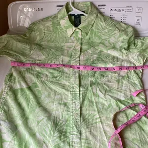 Ralph Lauren Petite Medium 100% cotton green & white long sleeve roll tab blouse thumbnail 6
