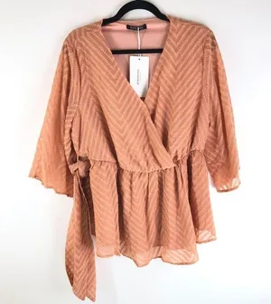 Bloomchic Geometric Mesh Surplice Neck Belted Ruffles Blouse Sheer Pink 12 thumbnail 4