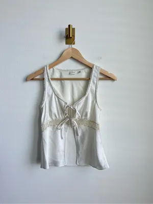 Aritzia Wilfred Picnic Satin Babydoll Camisole Ivory Lace Tie Front 2XS thumbnail 11