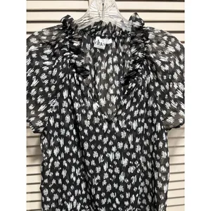 Duo Maternity Black/Cream Geo Sheer‎ Chiffon Short Sleeve Blouse Size M Ruffle thumbnail 2