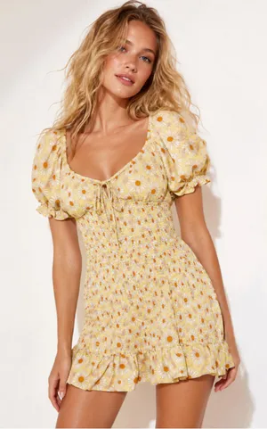Girl Soul Yellow Daisy Floral Smocked Mini Dress Cottagecore Coquette Puff Sleev thumbnail 1