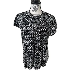 Loft Women's Petite Blouse Black White Size L Polka Dot Boat Neck Short Sleeve Casual thumbnail 2