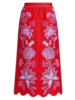 NWOT Farm Rio Red Porcelain Garden Scalloped Linen Midi Skirt Size S thumbnail 2