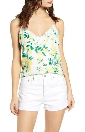 Socialite Womens Small‎ Lemon Print Lace Trim Cami Top Adjustable Straps Yellow thumbnail 1