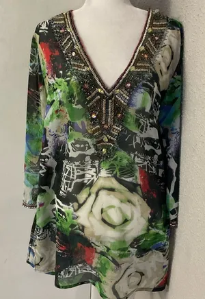 Solitaire Ravi Khosla Embellished V-Neck Caftan Swim Beach Coverup M Boho Print thumbnail 1