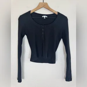 Reformation Billie Knit Top Ribbed Cropped Black Long Sleeve Medium $98 thumbnail 7