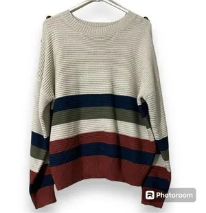 eesome women's size med/large drop shoulder striped pullover cream sweater thumbnail 1