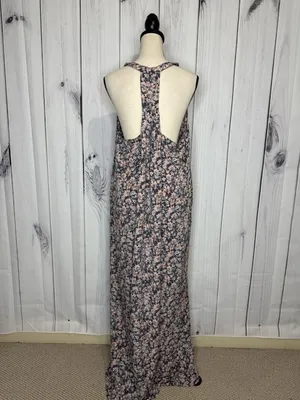 LoveStitch Long Floral Maxi Dress Sz L Pockets Purple Pink Racerback Beach thumbnail 7