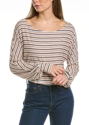 Sadie & Sage Womens M Crop Top Long Sleeves Ribbed Striped Cream‎ Blue Tan Rust thumbnail 1
