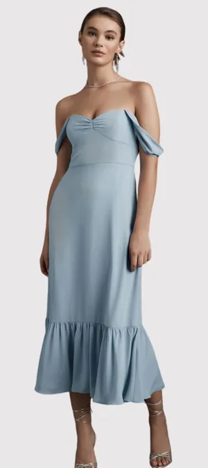 NWT BHLDN Dress Blue Munroe Georgette Maxi Off Shoulder Formal Bridesmaid Sz 14 thumbnail 1