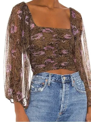 Free People Lilia Top‎ in Olive Combo Puff Sleeve thumbnail 1
