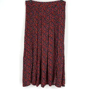 ZARA High Waisted Floral Flowy 2 Slits Preppy Midi Skirt Side Zip Up S Red Black thumbnail 2