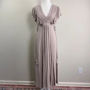 Baltic Born Jennifer Deep V Maxi Dress Small Taupe Crochet Flutter Sleeve Boho L thumbnail 2