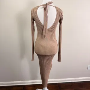 NBD REVOLOVE Tan Ribbed Knit Open Back Tie Maxi Dress Womens Small Deep V thumbnail 3