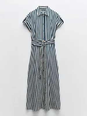 Zara Striped Linen Blend Button-Front Midi Dress Waist Tie - Navy & White thumbnail 2