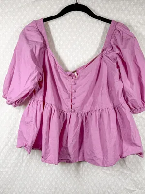 Free People Pink Short Puff Sleeve Veronica Button Front Peplum Babydoll Top thumbnail 2