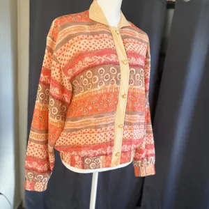 Oleg Cassini Vintage Silk Bomber Jacket Orange Geometric‎ Floral Print Small thumbnail 10