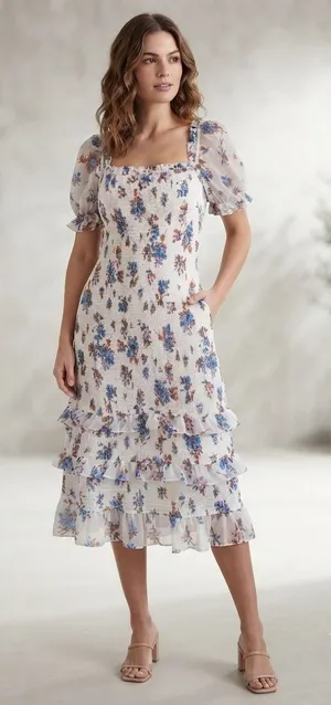 Abercrombie & Fitch Dress Womens Large White Floral‎ Smocked Puff Sleeve Ruffle thumbnail 1