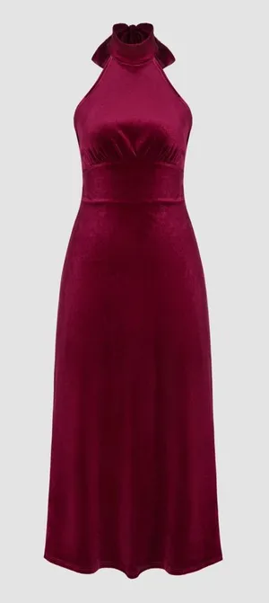 Burgundy Velvet Halter Bowknot Lace Up Maxi Dress: L/Size 8 thumbnail 1