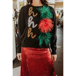 NWT Queen Of Sparkles Ho Ho Ho Sweater in Black Feather Tinsel Trim Christmas S thumbnail 6