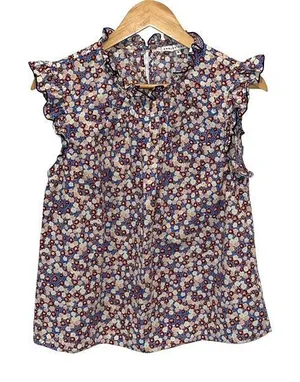 English Factory Womens Floral Ruffle Cap Sleeve Blouse Top Blue‎ Brown Sz Medium thumbnail 1