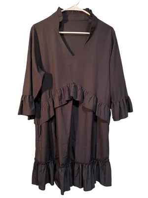 Women’s Size Large Mini Dress Black Ruffle V-Neck A-Line 3/4 Sleeve Collared LBD thumbnail 1