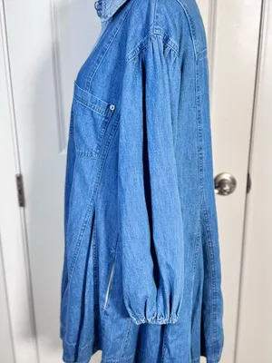 Free People Get Free Denim Mini Dress S Godet Swing Puff Sleeve Pockets Cotton thumbnail 10