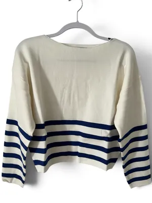Zenana Longsleeve Cream and Navy Striped Boatneck Sweater thumbnail 2