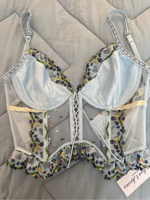 For Love & Lemons Baby Blue Floral Embroidered Longline Bustier thumbnail 1