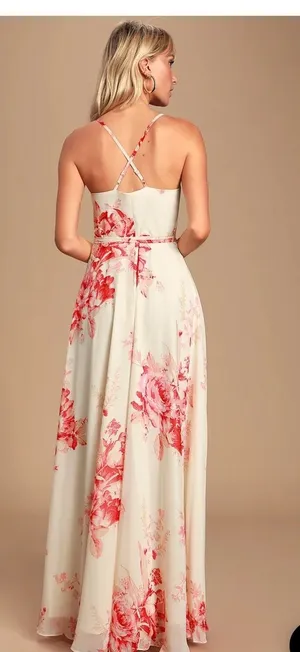 Lulus Elegantly Inclined Cream and Coral Floral Print Wrap Maxi Dress thumbnail 6