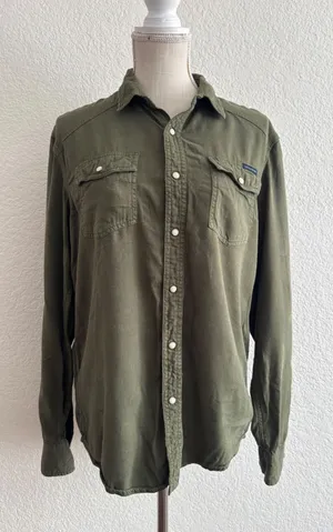 Lucky Brand Utility Shirt Size Medium Olive Green Snap Front Cotton Twill Top thumbnail 1