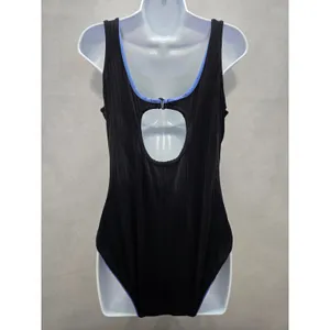 Black One Piece Swimsuit Quarter Zip 90s Vintage Resort Beach Goth Ribbed Large thumbnail 2