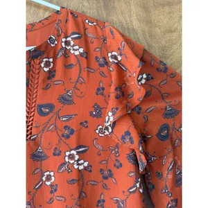 Loft sz M Ruffled Sheer Rust Red Floral Embroidered Crochet Blouse Top Bohemian thumbnail 6