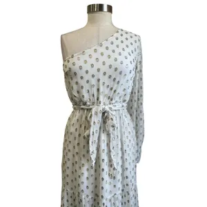 Lulus‎ One Shoulder White & Gold Polka Dot Maxi Dress Grecian Goddess Size S thumbnail 3