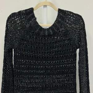 Narciso Rodriguez‎ for Design Nation Black Gunmetal Metallic Open Knit Sweater S thumbnail 3