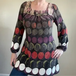 Aryeh Tunic Dress Brown‎ Multi Polka Dot Boho Knit Square Neck Womens Large thumbnail 2