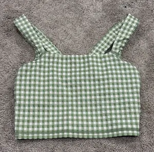 aerie Green and White Gingham Crop Tank thumbnail 1
