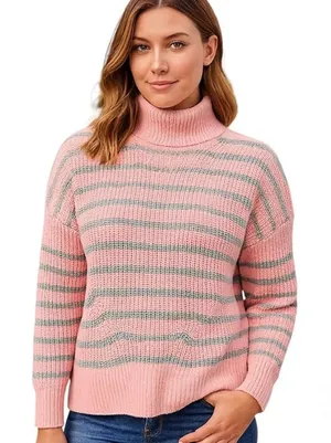 Crown &‎ Ivy chenille Turtleneck Sweater striped Pink Gray Size large thumbnail 1
